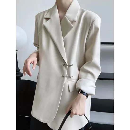 Urban Long Sleeves Loose Solid Color Pin Lapel Collar Suit Outerwear