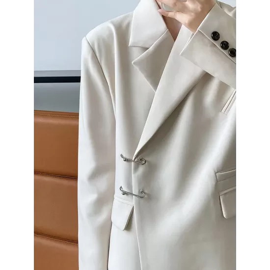 Urban Long Sleeves Loose Solid Color Pin Lapel Collar Suit Outerwear