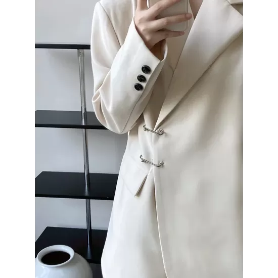 Urban Long Sleeves Loose Solid Color Pin Lapel Collar Suit Outerwear