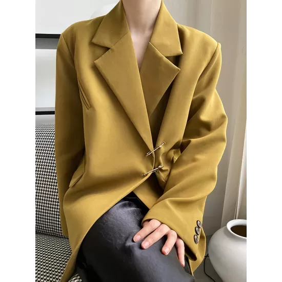 Urban Long Sleeves Loose Solid Color Pin Lapel Collar Suit Outerwear