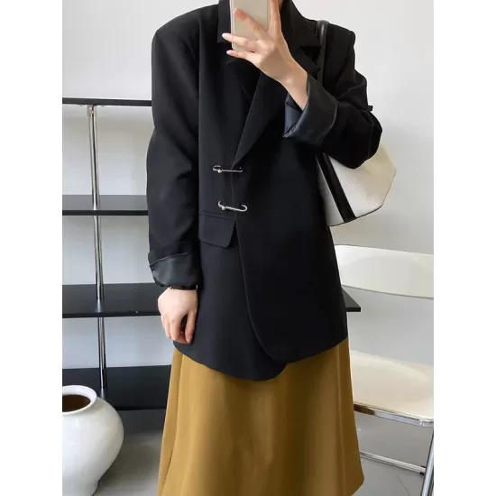 Urban Long Sleeves Loose Solid Color Pin Lapel Collar Suit Outerwear