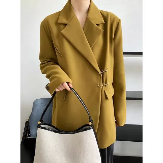 Urban Long Sleeves Loose Solid Color Pin Lapel Collar Suit Outerwear