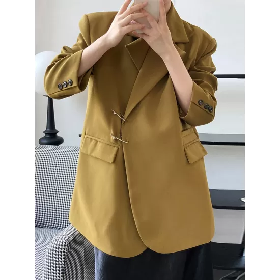 Urban Long Sleeves Loose Solid Color Pin Lapel Collar Suit Outerwear