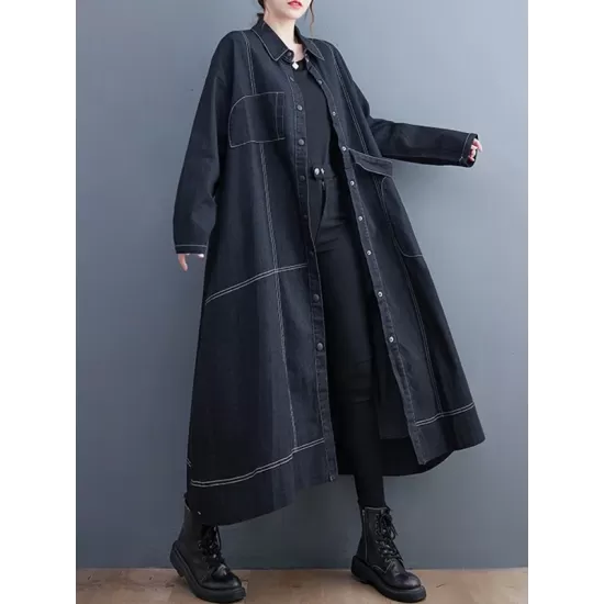 Casual Loose Long Sleeves Buttoned Lapel Collar Denim Trench Coats