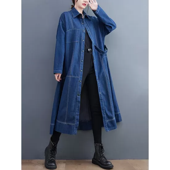 Casual Loose Long Sleeves Buttoned Lapel Collar Denim Trench Coats