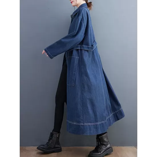 Casual Loose Long Sleeves Buttoned Lapel Collar Denim Trench Coats