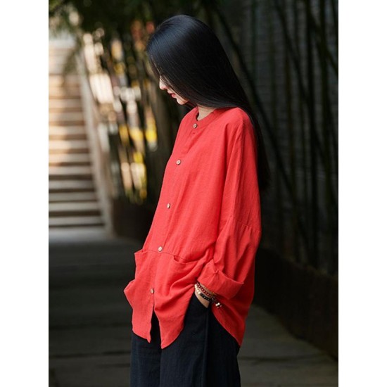 Soft Red Ramie Cotton Blouse Outwear