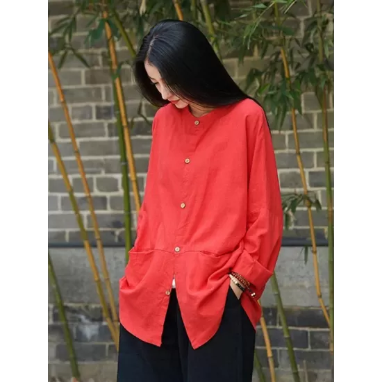 Soft Red Ramie Cotton Blouse Outwear