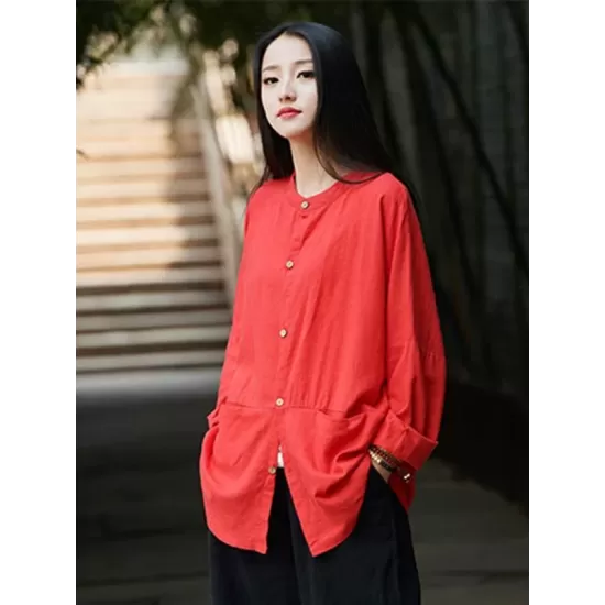 Soft Red Ramie Cotton Blouse Outwear