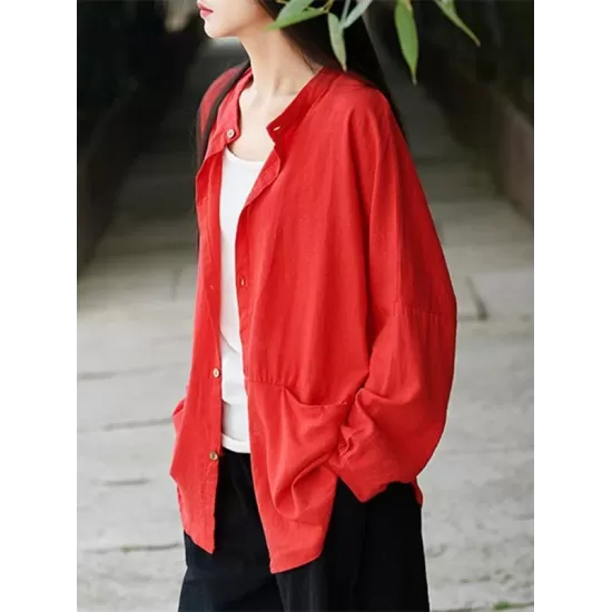 Soft Red Ramie Cotton Blouse Outwear