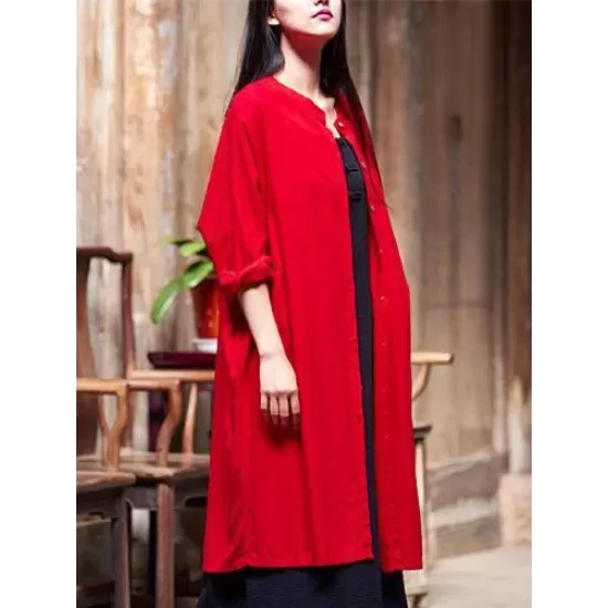 Soft Red Ramie Cotton Linen Cover-up Cardigan