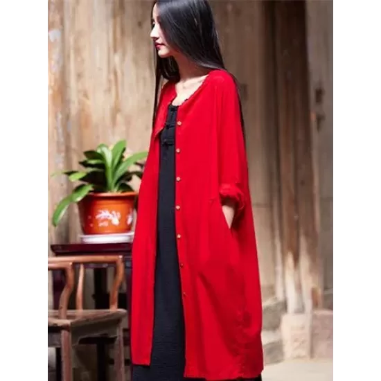 Soft Red Ramie Cotton Linen Cover-up Cardigan