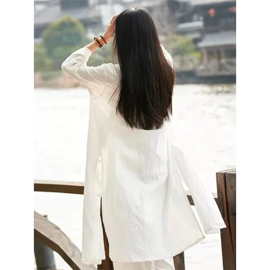 Soft White Frog Ramie Cotton Linen Outwear Cardigan