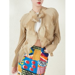 Original Creation Irregularity Long Sleeves Buttoned Pleated Solid Color Outerwear