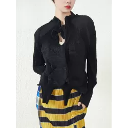 Original Creation Irregularity Long Sleeves Buttoned Pleated Solid Color Outerwear