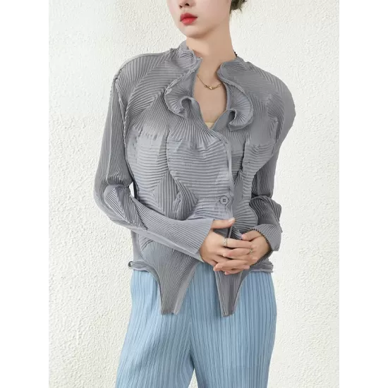 Original Creation Irregularity Long Sleeves Buttoned Pleated Solid Color Outerwear