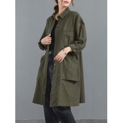 Casual Loose Solid Color Buttoned Lapel Collar Long Sleeves Trench Coat