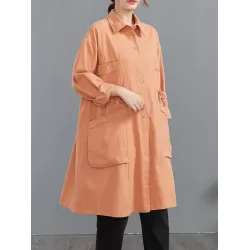 Casual Loose Solid Color Buttoned Lapel Collar Long Sleeves Trench Coat