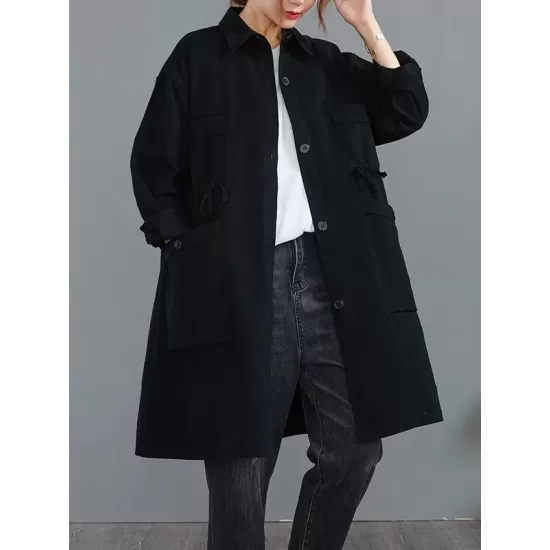 Casual Loose Solid Color Buttoned Lapel Collar Long Sleeves Trench Coat