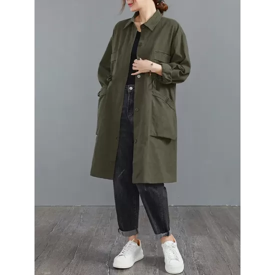 Casual Loose Solid Color Buttoned Lapel Collar Long Sleeves Trench Coat