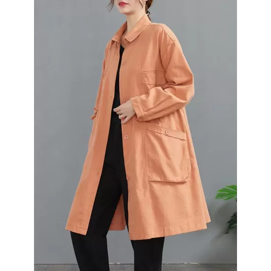 Casual Loose Solid Color Buttoned Lapel Collar Long Sleeves Trench Coat