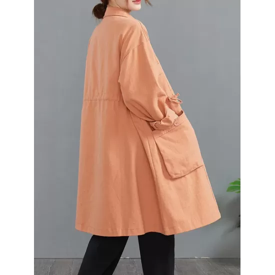 Casual Loose Solid Color Buttoned Lapel Collar Long Sleeves Trench Coat