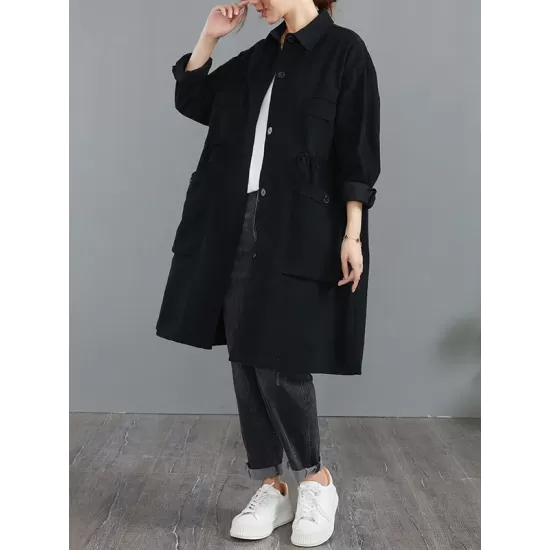 Casual Loose Solid Color Buttoned Lapel Collar Long Sleeves Trench Coat