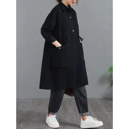 Casual Loose Solid Color Buttoned Lapel Collar Long Sleeves Trench Coat