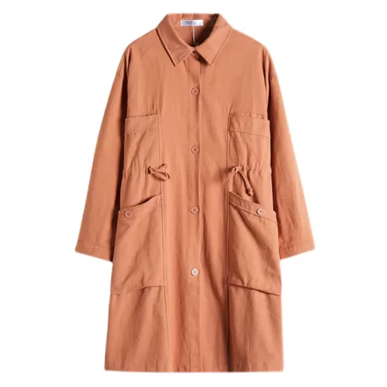 Casual Loose Solid Color Buttoned Lapel Collar Long Sleeves Trench Coat