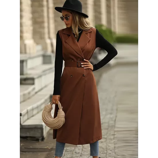 Casual Sleeveless Loose Solid Color Lapel Collar Coat