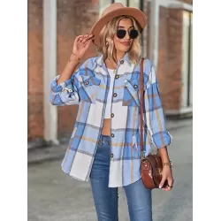 Casual Loose Buckle Plaid Polo Shirt Top