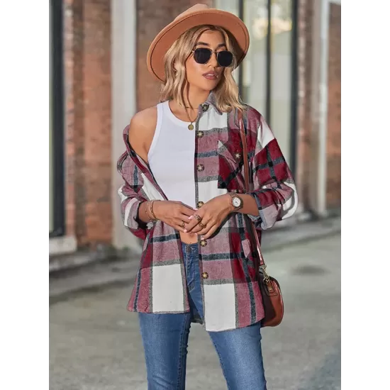 Casual Loose Buckle Plaid Polo Shirt Top