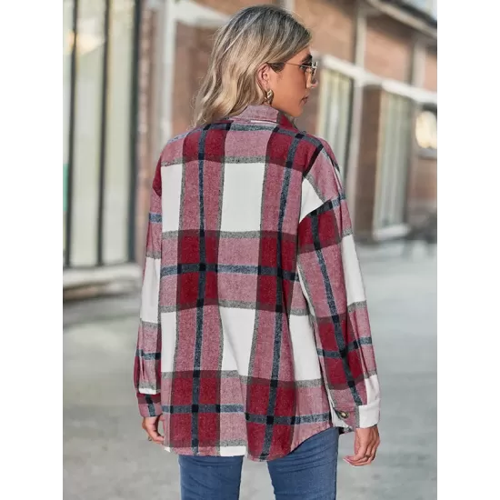 Casual Loose Buckle Plaid Polo Shirt Top