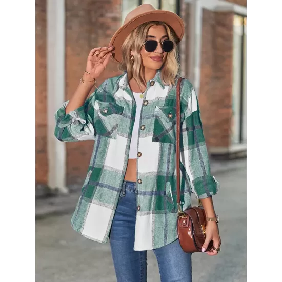 Casual Loose Buckle Plaid Polo Shirt Top