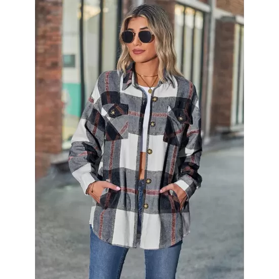 Casual Loose Buckle Plaid Polo Shirt Top