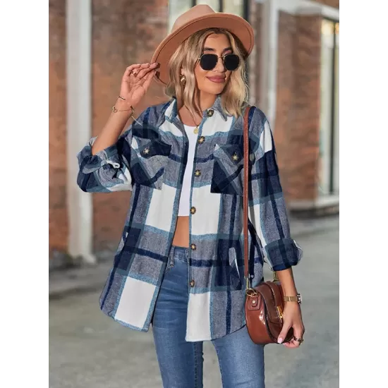 Casual Loose Buckle Plaid Polo Shirt Top