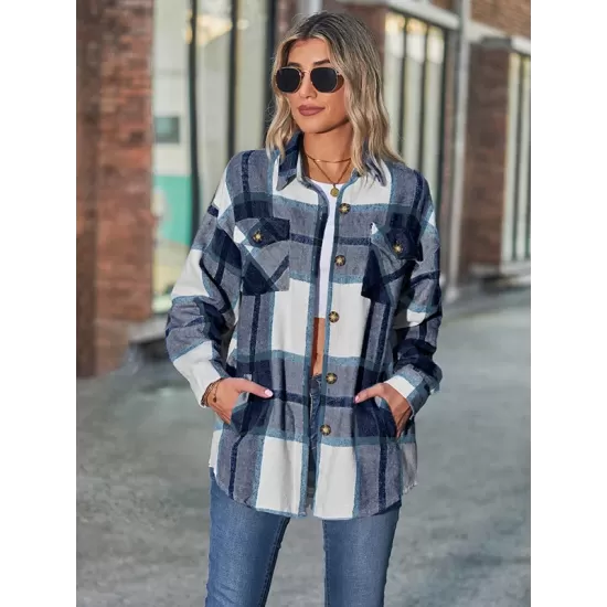 Casual Loose Buckle Plaid Polo Shirt Top