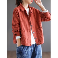 Vintage Loose Long Sleeves Buttoned Solid Color Lapel Collar Outerwear