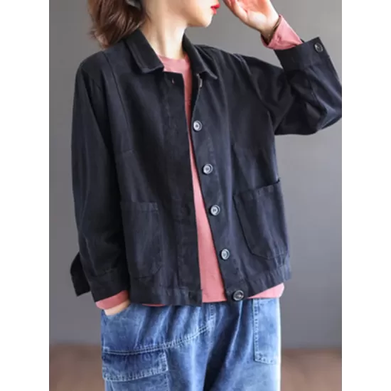 Vintage Loose Long Sleeves Buttoned Solid Color Lapel Collar Outerwear