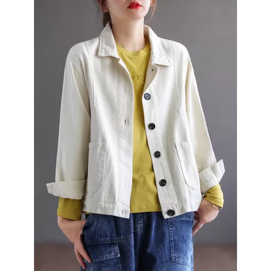 Vintage Loose Long Sleeves Buttoned Solid Color Lapel Collar Outerwear