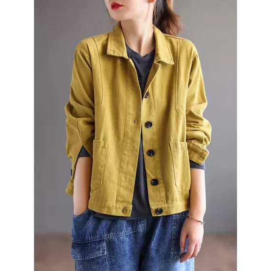 Vintage Loose Long Sleeves Buttoned Solid Color Lapel Collar Outerwear