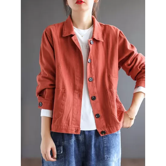 Vintage Loose Long Sleeves Buttoned Solid Color Lapel Collar Outerwear