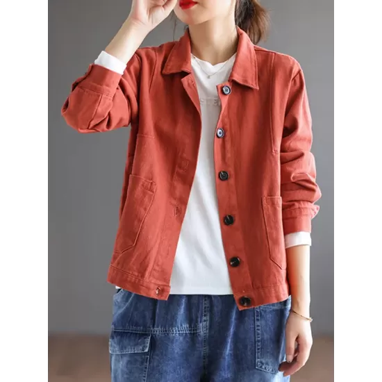 Vintage Loose Long Sleeves Buttoned Solid Color Lapel Collar Outerwear