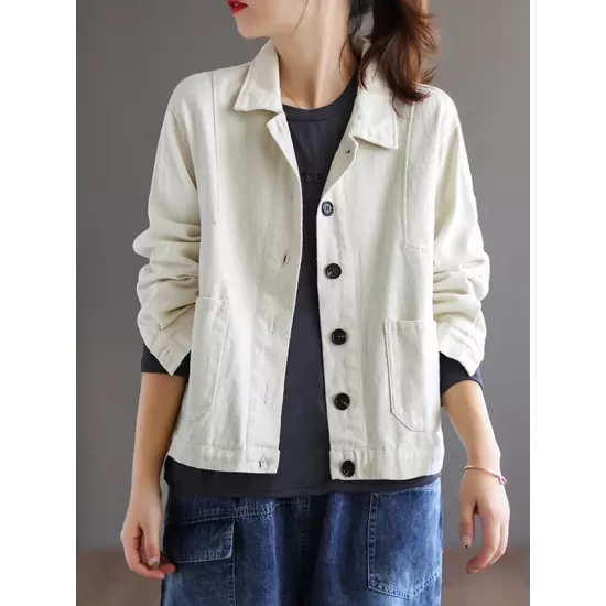 Vintage Loose Long Sleeves Buttoned Solid Color Lapel Collar Outerwear