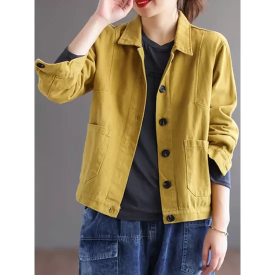 Vintage Loose Long Sleeves Buttoned Solid Color Lapel Collar Outerwear