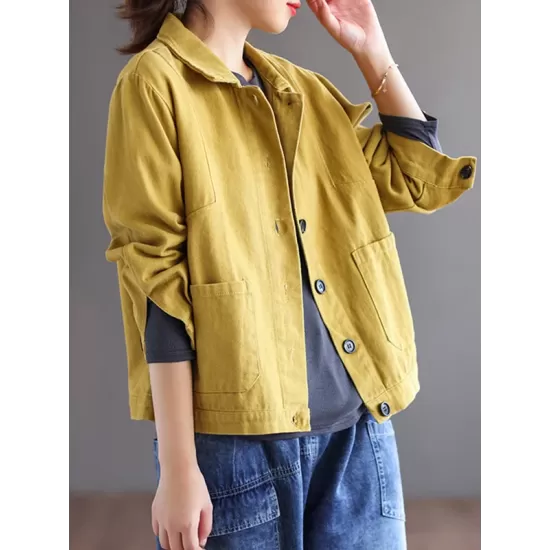 Vintage Loose Long Sleeves Buttoned Solid Color Lapel Collar Outerwear