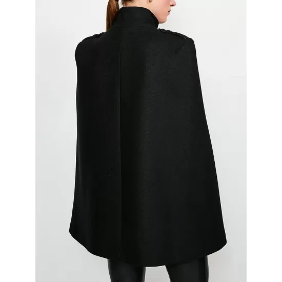 Loose Buttoned Solid Color Stand Collar Woolen Coat Cape Coats