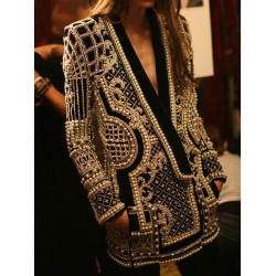 Original Creation Loose Long Sleeves Beads Printed V-Neck Blazer Outerwear