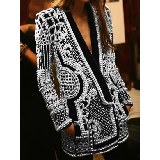 Original Creation Loose Long Sleeves Beads Printed V-Neck Blazer Outerwear