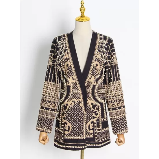 Original Creation Loose Long Sleeves Beads Printed V-Neck Blazer Outerwear